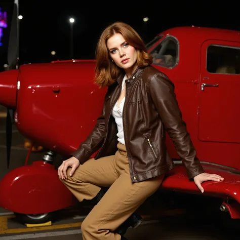 Amy Adams perm bob short hair Amy Adams photographed in front of a red airplane brown leather jacket beige leather pants leather boots full body 夜景 Put your hand on the plane