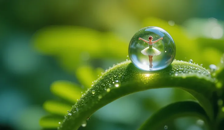 An enchanting microscopic world hidden within a single drop of morning dew, delicately balanced in a vibrant fern leaf. Inside the drop , a luminousA ballerina made of luminescent fungus dances gracefully.. Captured using a Canon EOS R5 with a 100mm f/2.8...