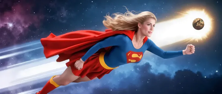 A powerful Supergirl flying at super speed, with hair in the wind and determined expression, chasing a large bright comet that is rapidly approaching the Earth. The setting is a cosmic sky filled with stars and nebulas, conveying a sense of action and adve...