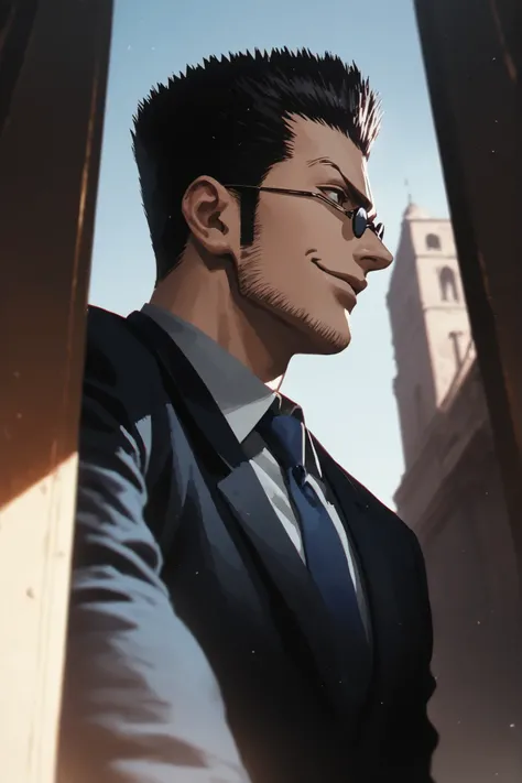 Leorio Paradinight, wearing a business suit and small round sunglasses. anime semi realistic. high quality, sharp detail, best resolution, day light, upper body, absurdres, artgerm. low angle POV. unapologetic smirk.