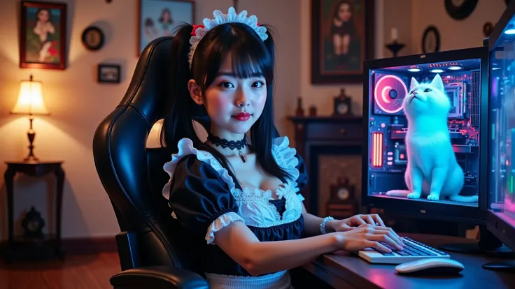ultra-realistic, photorealistic, dramatic scene, documentary photo, shadow, very beautiful Japanese girl\( very beautiful, wearing a futuristic gorgeous gothic maid costume with elegant lace frills, twintails, pleased\), (face shot), she is sitting on the gaming chair in her antique room, antique furnishings, antique gothic decorated gaming computer with neon illuminations, antique gothic decorated large LCD display shows an adorable animated giant fat cat mewing happily, many LEDs are blinking on the board with chipsets in the computer, transparent computer case, 