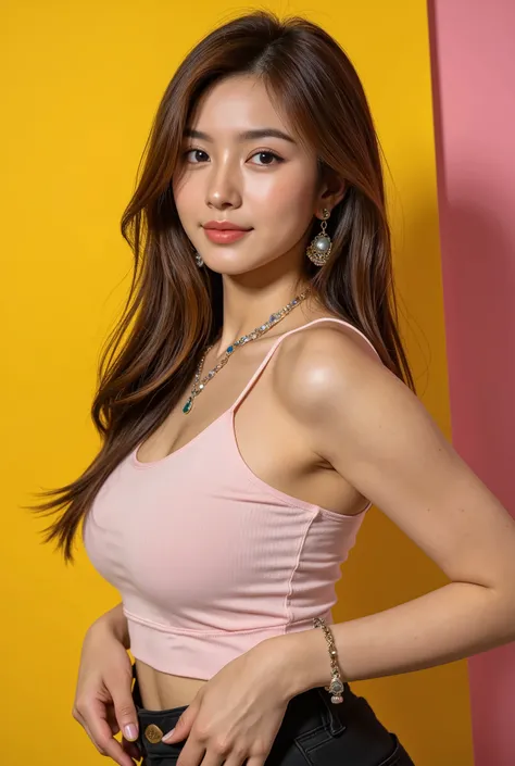 Create a high-quality AI image of a Colombian influencer. Long hair, light brown hair, 2, hazel eyes, few freckles on her face, slim, athletic body and fitness lifestyle, full, delicate pink lips. The image should represent a modern and elegant look that r...