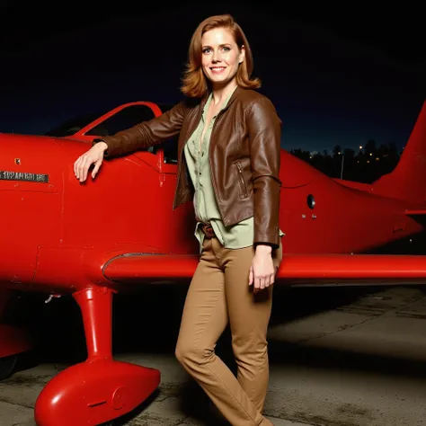 Amy　Adams　perm bob short hair　Amy Adams photographed in front of a red airplane　brown leather jacket　beige leather pants　leather boots　full body 夜景　Put your hand on the plane
