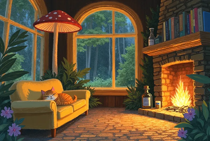 warm, cozy atmosphere, magical, whimsical forest cottage, large colorful mushrooms as part of the structure, vibrant bookshelves lining walls, stacks of multicolored books, lively and imaginative decor, glowing crystals and candles scattered throughout, a ...