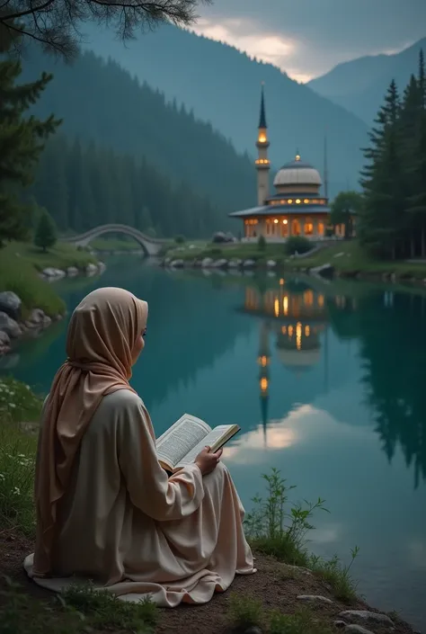 a muslim women wearing beige long dress sitting by a clear river, we can't see her face, as we see her from her back, she's reading a quran. From a far, we can see a small mosque on a starry dark night, in the middle of the forest, flowers and trees
