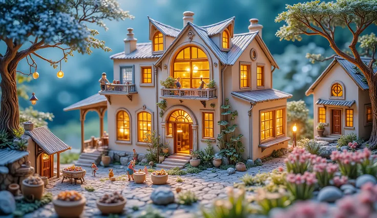 picture a solarpunk settlement where the homes are built inside giant, hollowed-out wax figures of Persian cats. The settlement is adorned with bioluminescent plants and intricate carvings, creating a magical and sustainable environment. Capture the scene ...