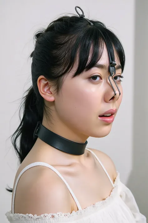A high resolution photograph of a Japanese young woman, masterpiece, photo-realistic, natural lighting, film grain, portrait, fashion shoot, solo, 1girl, off-shoulder strapless dress, black hair with bangs, detailed face, detailed eyes, sophisticated nose,...