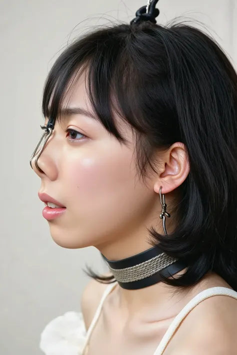 A high resolution photograph of a Japanese young woman, masterpiece, photo-realistic, natural lighting, film grain, portrait, fashion shoot, solo, 1girl, off-shoulder strapless dress, black hair with bangs, detailed face, detailed eyes, sophisticated nose,...