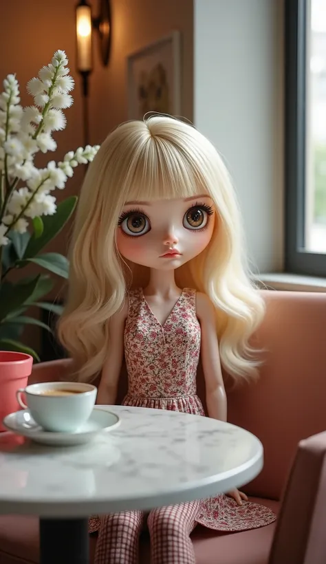    red clothes、 Blythe Doll、stylish、 The background is a stylish cafe