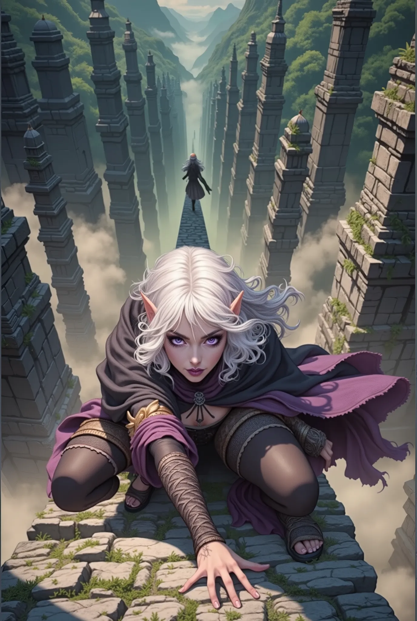 (Ultra-detailed face, Looking Away, Gothic Illustration, Dark Tone Colors.) , BREAK
(Fog and strong winds blow up. A temple complex of very tall ancient stone towers scattered in a deep green forest. A woman moves in a bold pose, crouching and crawling al...