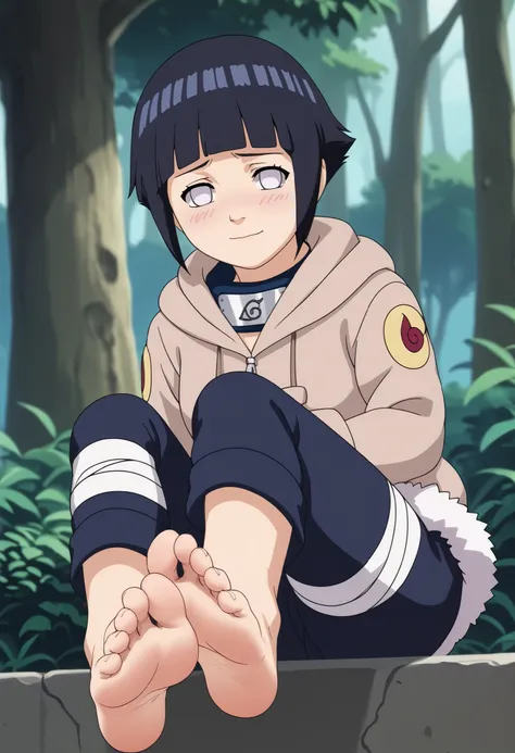 score_9 , score_8_up , score_7_up , anime screencap BREAK , 1girl , hyuuga hinata , short hair , black hair , no pupils , blunt bangs , shiny hair , white eyes , forehead protector , hoodie , hood down , long sleeves , fur trim , capri pants , bandages , s...