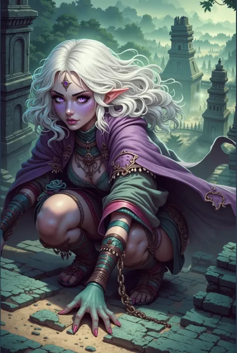 (Ultra-detailed face, Looking Away, Gothic Illustration, Dark Tone Colors.) , BREAK
(Fog and strong winds blow up. A temple complex of very tall ancient stone towers scattered in a deep green forest. A woman moves in a bold pose, crouching and crawling al...