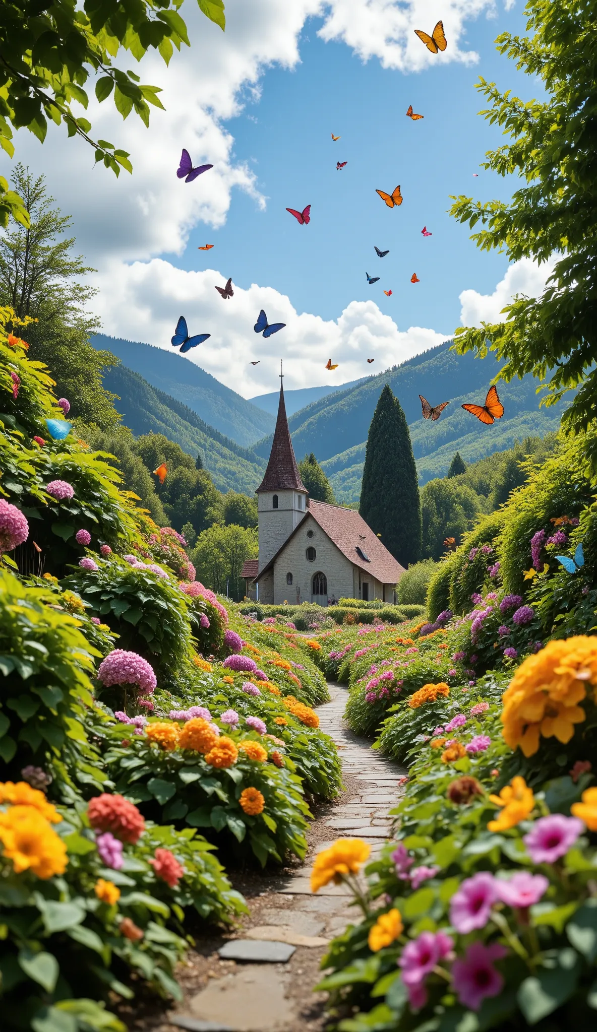 highdefinition images、butterfly garden、color々beautiful butterflies in full bloom々They dance。盆地の中にある広大なbutterfly garden、A small church can be seen in the distance。