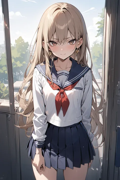 ((masterpiece,Highest Quality:1.2)),cowboy shot with your arm through your sleeve,Summer day ,Slender, slender female junior high school student standing in the classroom staring at you,Beautiful Physical Beauty,Light Brown Straight Long Hair,Perfect brown...