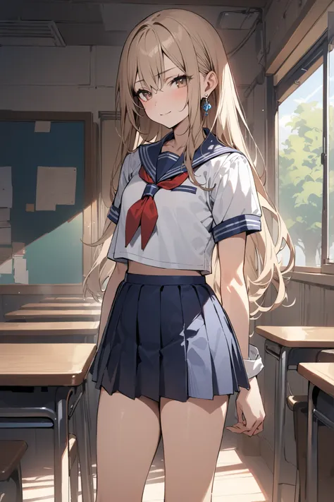 ((masterpiece,Highest Quality:1.2)),cowboy shot with your arm through your sleeve,Summer day ,Slender, slender female junior high school student standing in the classroom staring at you,Beautiful Physical Beauty,Light Brown Straight Long Hair,Perfect brown...
