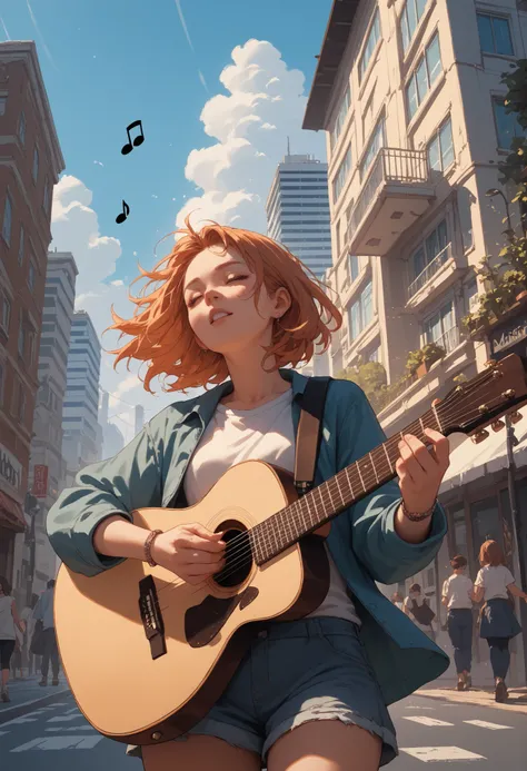 Girl playing guitar in a city touched by the music, where buildings are made of musical notes and the wind sounds like music
