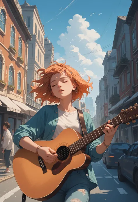 Girl playing guitar in a city touched by the music, where buildings are made of musical notes and the wind sounds like music
