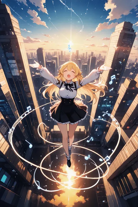 skyscraper、Aerial view、the five-line score is reflected in the sky、the musical notes are floating in the air、people々is looking up at the notes floating in the air、The diva is singing a song、