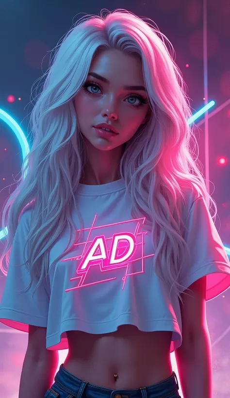 A striking digital illustration of a beautiful young woman with long, wavy white hair featuring subtle pink highlights, styled in a cropped white t-shirt adorned with a vibrant, graffiti-style "AD" logo. The composition is captured from a waist-up perspect...