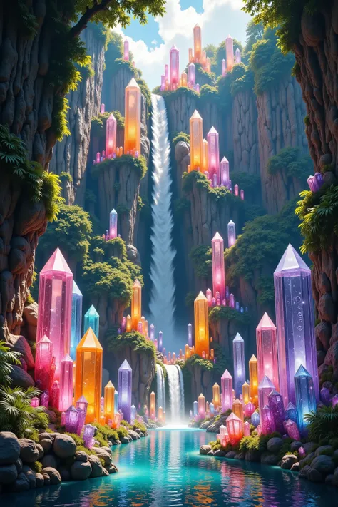 A cliff that is 300 feet tall made up of gigantic and translucent quartz crystal points that are multicolored pillars in a tropical rainforest. In the middle of these skyscraper sized quartz crystals is an incredible gushing, cascading waterfall that pours...