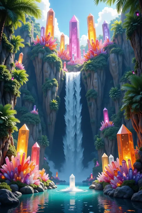 A cliff that is 300 feet tall made up of gigantic and translucent quartz crystal points that are multicolored pillars in a tropical rainforest. In the middle of these skyscraper sized quartz crystals is an incredible gushing, cascading waterfall that pours...