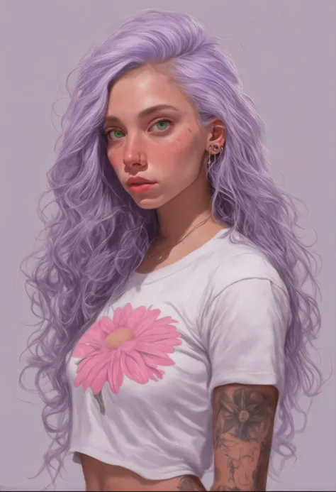 Create a girl. Olhos: almond-shaped, verdes, region
Hair: light lilac , ondulado/curly
Face shape: oval
Distinguish features: Freckles on the western T, a scar above the mouth (barely noticeable). Has a pink flower tattoo on her arm. Pele: clara, a litt...