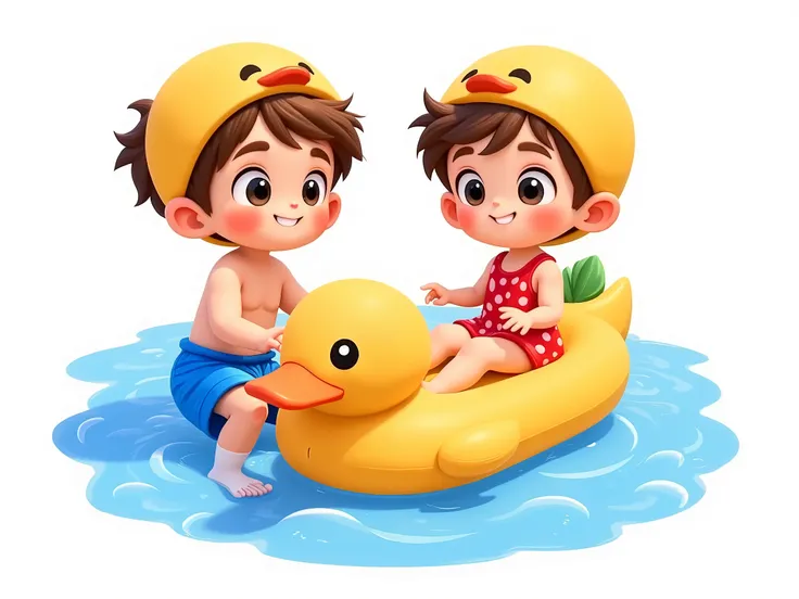high quality, High definition “Boy and girl  character illustration with cute yellow duck tube. Each character sits on a duck tube with a bee arm She is in a lively and cute pose.The boy is wearing blue swimsuit pants, the girl is wearing a red polka dot o...