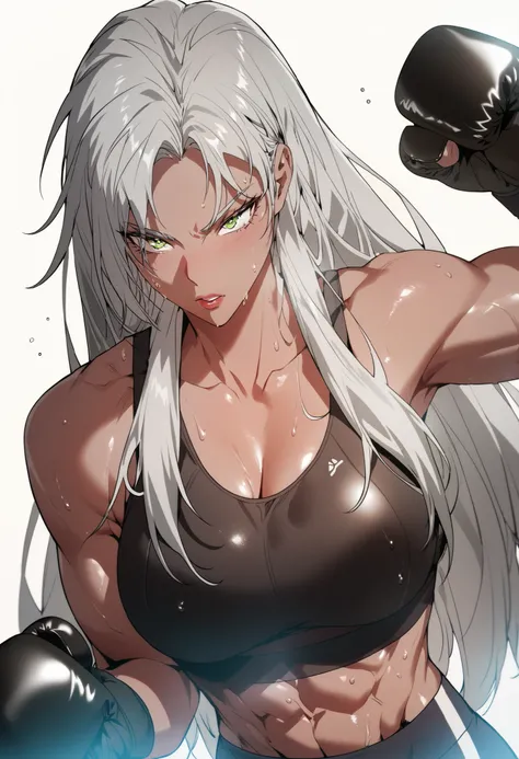 long hair, grey hair, white hair, green eyes, dark skin, yellow eyes, dark-skinned female, parted bangs,large breasts,sports bra, boxing gloves, sweating