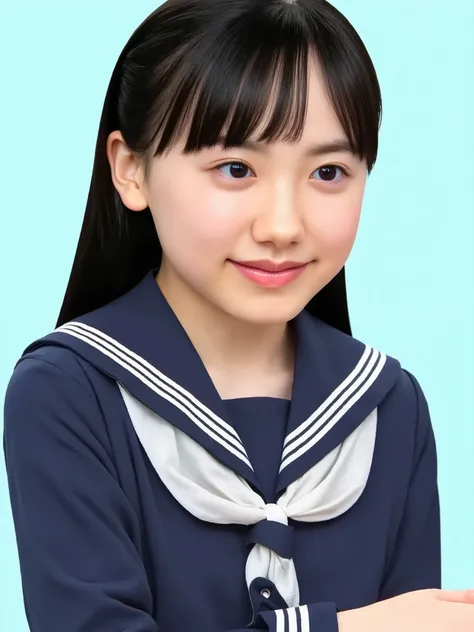 ((black hair:1.3)), long hair, bangs, elementary school student, wearing sailor suit, dark blue, Long sleeve , upper body, small eyes, make up, (smily), (teeth:1.2), ((looking away:1.3))