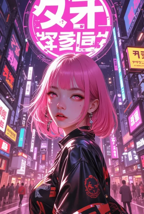 Anime girl with pink hair, cyberpunk neon city background, detailed eyes, trending on ArtStation
