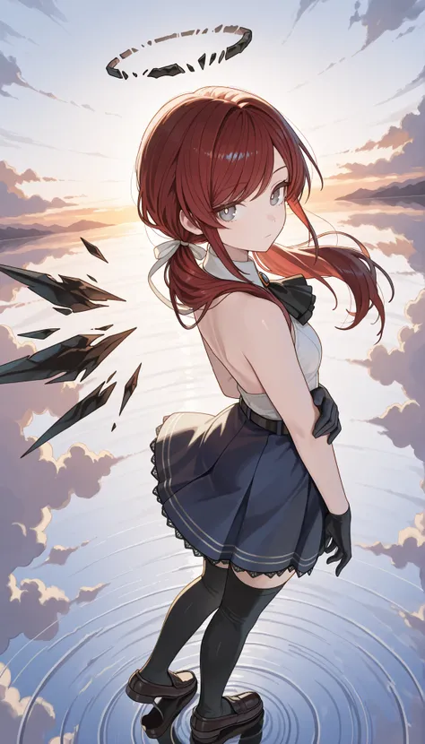 (masterpiece:1.2, Best Quality), (finely detailed beautiful eye: 1.2), (beautiful detailed face), stoic, from behind, looking back, solo, expressionless, full body, Gray eyes, dark red hair, swept bangs, low twin tails, white ribbons, sleeveless white halt...