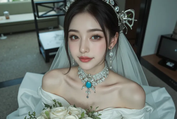 best quality , Super quality, 16k, Unbelievably Absurd, very detailed, lovely photo, delicate and dynamic, Kiri Reina female, seductive smile, pure white wedding dress , great style , bouquet, steampunk, DIESEL PUNK , clock punk , cyberpunk, G...