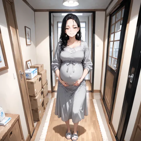 Pretty women,eight months pregnant, shoulder length hair, black hair, hazel eyes, hair a tiny bit messy, soft smirk, (long gray ankle length dress), cute slippers, teardrop earrings, f cup brest size, inside room( cleaned empty apartment room), (ten boxes ...