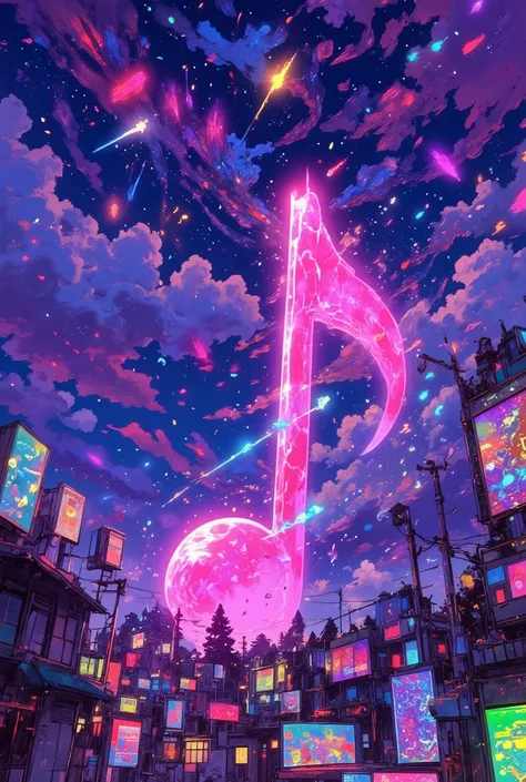 (The visualized musical note symbol:1.3), Extremely beautiful end of the world scene, Break through beautiful clouds,  Hundreds of ridiculously beautiful, colorful meteors are next々swirls with, The sky is beautifully spread out in unusual bright colors,  A...