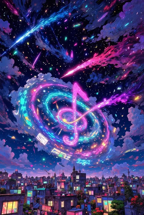 (The visualized musical note symbol:1.3), Extremely beautiful end of the world scene, Break through beautiful clouds,  Hundreds of ridiculously beautiful, colorful meteors are next々swirls with, The sky is beautifully spread out in unusual bright colors,  A...