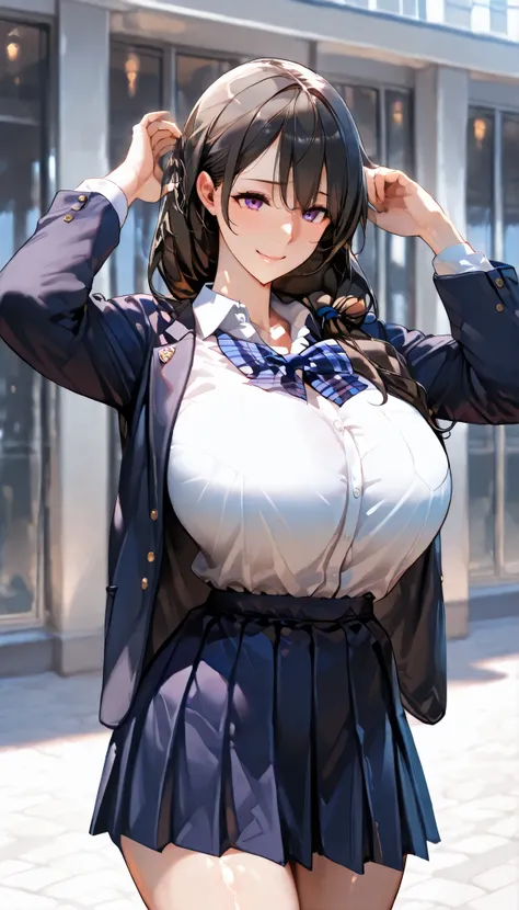 Modern Backgrounds,A female with slim body,huge oppai,shiny skin,(Wearing A loose JK skirt and school uniform),Open Pose,On the street in a residential area,low-tied long hair,light smile,UHD, SOLO, anatomically correct, masterpiece, textured skin, high de...
