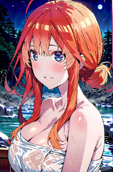 中野美moon,stupid hair,side lock,Nape,single bun hair,blue eyes, red hair,Big Breasts,cleavage,partially sunk, naked towel, exposes shoulders,wet hair,wet skin,wet towel,rock,snow,smile,blush,mouth,narrows her eyes,Wave,fence,night,moon,Hot Springsの中に座っている,in...