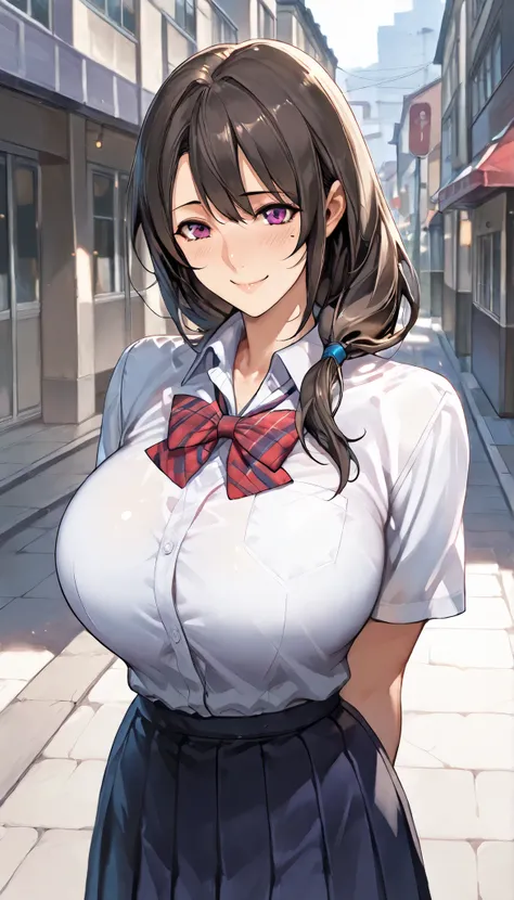 Modern Backgrounds,A female with slim body(older girl),huge oppai,shiny skin,(Wearing A loose JK skirt and school uniform),((Arms behind back)),On the street in a residential area,low-tied long hair,light smile,slightly tilted forward,UHD, SOLO, anatomical...