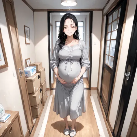 Pretty women,eight months pregnant, shoulder length hair, black hair, hazel eyes, hair a tiny bit messy, soft smirk, (long gray ankle length dress), cute slippers, teardrop earrings, f cup brest size, inside room( cleaned empty apartment room), (ten boxes ...