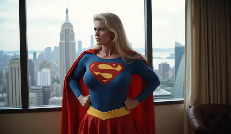 City with skyscrapers and; Old Supergirl 1984s movie costume((( long white-haired, large-breasted woman in her 70s))); Old Supergirl 1984s taking off her uniform in a room; getting naked. profile view; heroic pose; powerful elderly Supergirl. HD photograp...