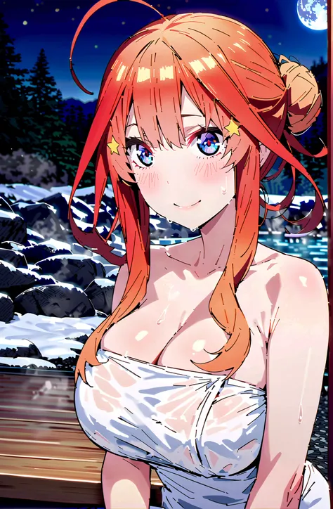 中野美moon,stupid hair,side lock,Nape,single bun hair,blue eyes, red hair,Big Breasts,cleavage,partially sunk, naked towel, exposes shoulders,wet hair,wet skin,wet towel,rock,snow,smile,blush,mouth,narrows her eyes,Wave,fence,night,moon,Hot Springsの中に座っている,in...