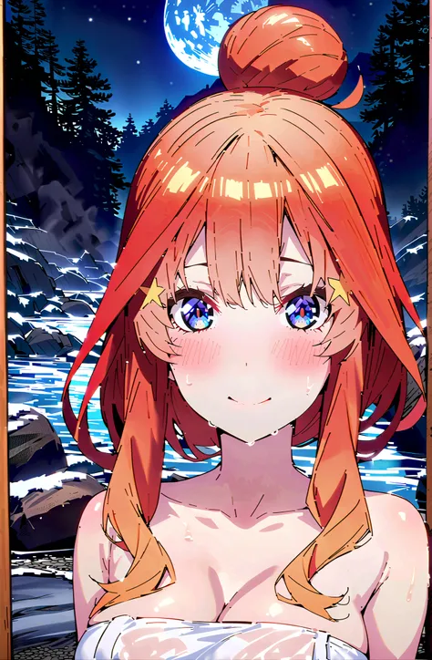 中野美moon,stupid hair,side lock,Nape,single bun hair,blue eyes, red hair,Big Breasts,cleavage,partially sunk, naked towel, exposes shoulders,wet hair,wet skin,wet towel,rock,snow,smile,blush,mouth,narrows her eyes,Wave,fence,night,moon,Hot Springsの中に座っている,in...