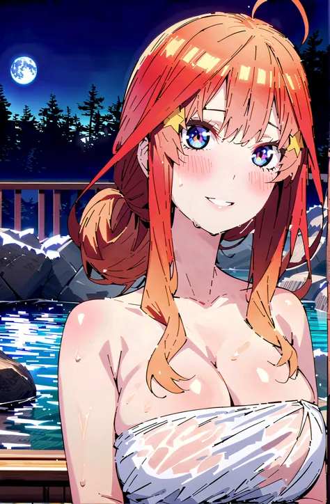 中野美moon,stupid hair,side lock,Nape,single bun hair,blue eyes, red hair,Big Breasts,cleavage,partially sunk, naked towel, exposes shoulders,wet hair,wet skin,wet towel,rock,snow,smile,blush,mouth,narrows her eyes,Wave,fence,night,moon,Hot Springsの中に座っている,in...