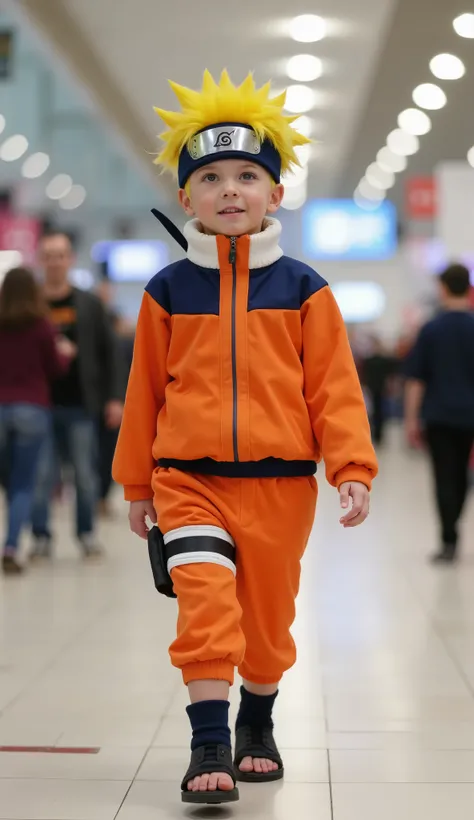 character: 1 baby boy Naruto Uzumaki. They Looks Europe face.

action: Walk straight and look straight ahead.

Expression : smiling.


 Background : A bright indoor public space , with people vaguely seen in the distance, shows that this picture was taken ...