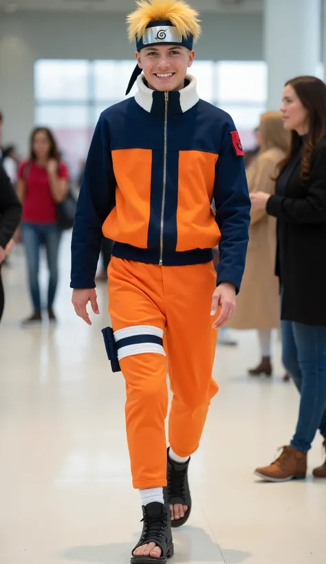 character: 1 boy Naruto Uzumaki. They Looks Europe face.

action: Walk straight and look straight ahead.

Expression : smiling.


 Background : A bright indoor public space , with people vaguely seen in the distance, shows that this picture was taken at a ...