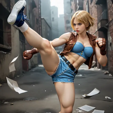 score_9, LuciaSFV, 1girl, short hair, blonde, big breasts, voluptuous and toned body, blue denim sports bra, brown vest, brown fingerless gloves, denim shorts, black belt, socks, blue sneakers, high kick, dynamic pose, cool pose, foreshortening, dynamic sh...