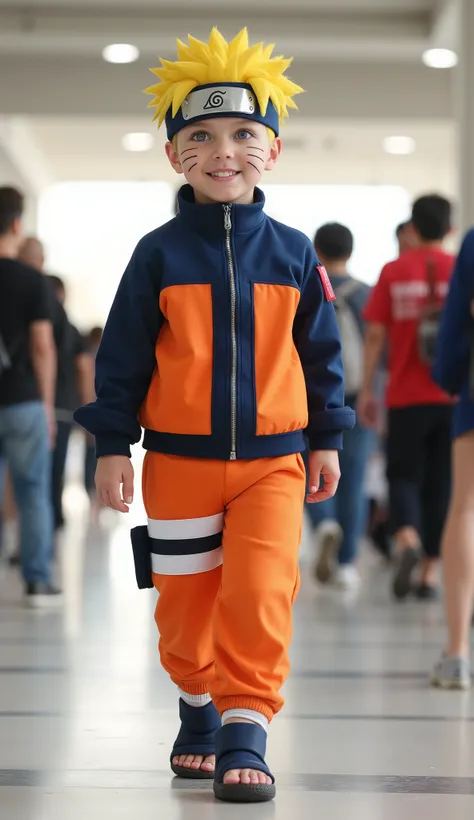 character: 1 baby boy Naruto Uzumaki. They Looks Europe face.

action: Walk straight and look straight ahead.

Expression : smiling.


 Background : A bright indoor public space , with people vaguely seen in the distance, shows that this picture was taken ...