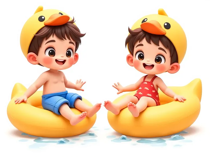 high quality, High definition “Boy and girl  character illustration with cute yellow duck tube. Each character sits on a duck tube and poses in a lively and cute manner with open arms.The boy is wearing blue swimsuit pants, the girl is wearing a red polka ...