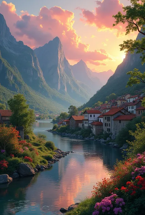 a small village by the river, mountains in the background, floral flowers colorful, detailed landscape, Beautiful natural landscapes, atmospheric lighting, scorching sunset, warm colours, practical, photopractical, Detailed Foliage, complex buildings, cobblestone street, Charming country house, swirly vibrant colors, lush vegetation, Still water reflections, Picturesque, idyllic, work of art, best qualityer, 8k, extremely detaild,anime styling