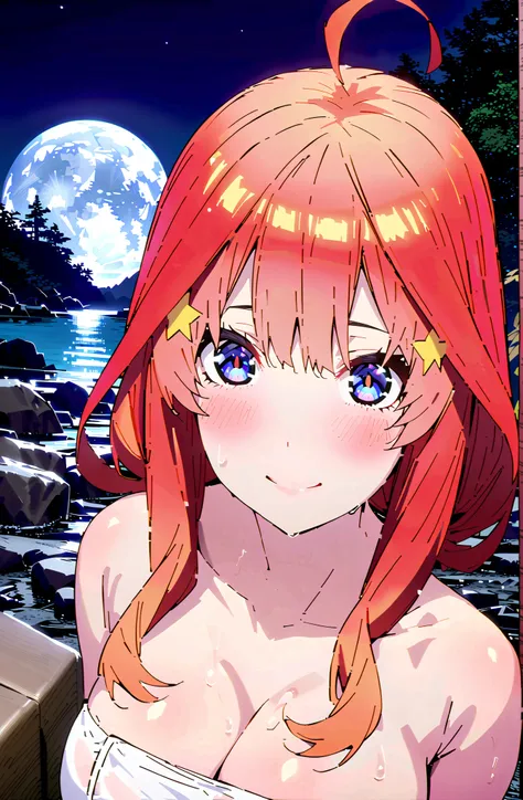 中野美moon,stupid hair,side lock,Nape,single bun hair,blue eyes, red hair,Big Breasts,cleavage,partially sunk, naked towel, exposes shoulders,wet hair,wet skin,wet towel,rock,snow,smile,blush,mouth,narrows her eyes,Wave,fence,night,moon,Hot Springsの中に座っている,in...
